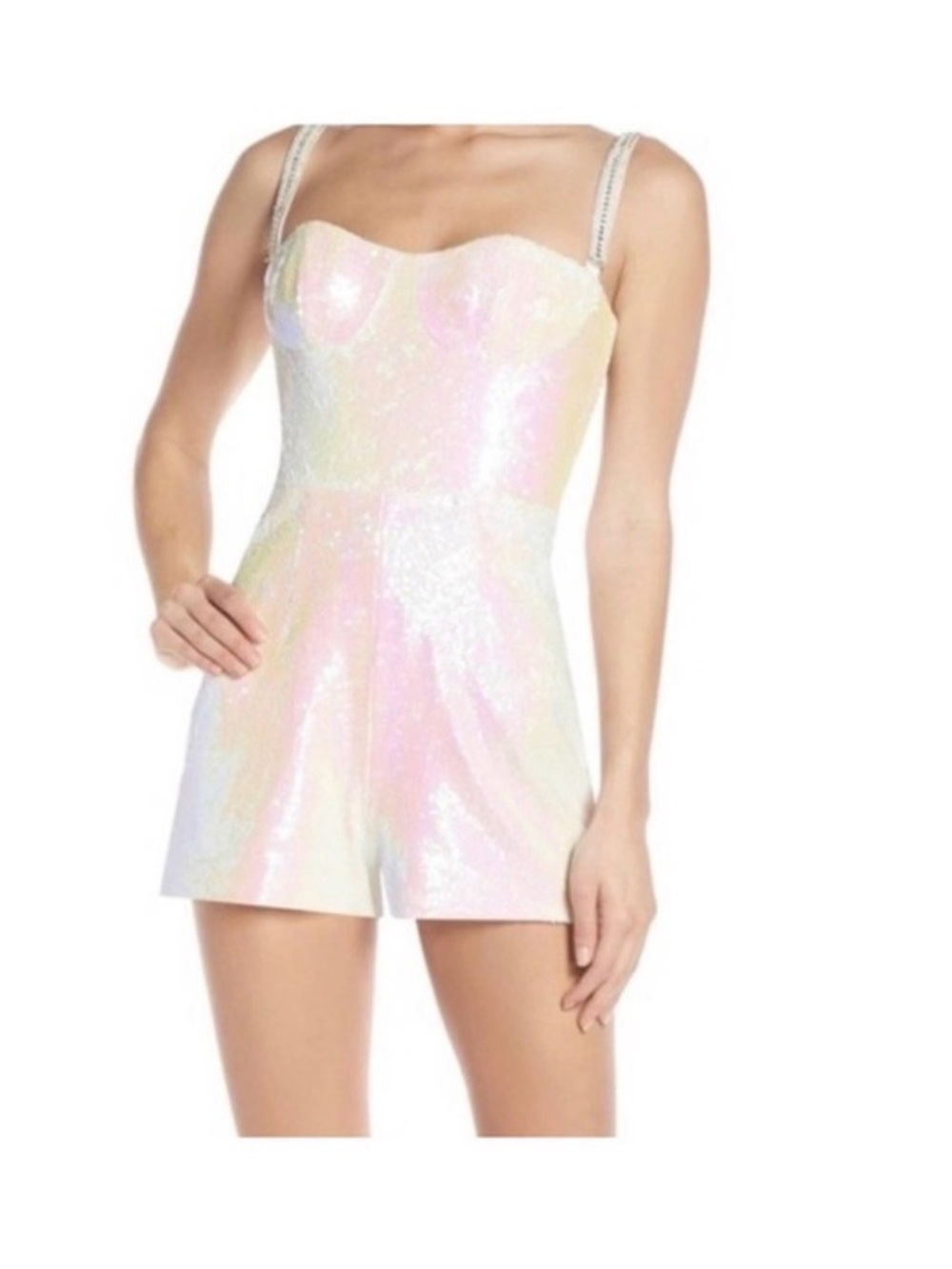 Mac Duggal Iridescent Sequin Romper Rhinestone Straps White Pink Size 4